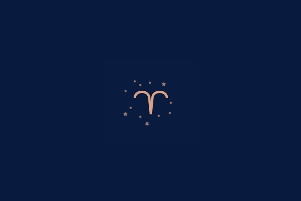Ilustração do signo de áries rodeado por estrelas em um fundo azul-escuro
