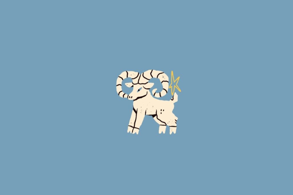 Ilustração de um carneiro em amarelo-claro sobre um fundo azul-claro
