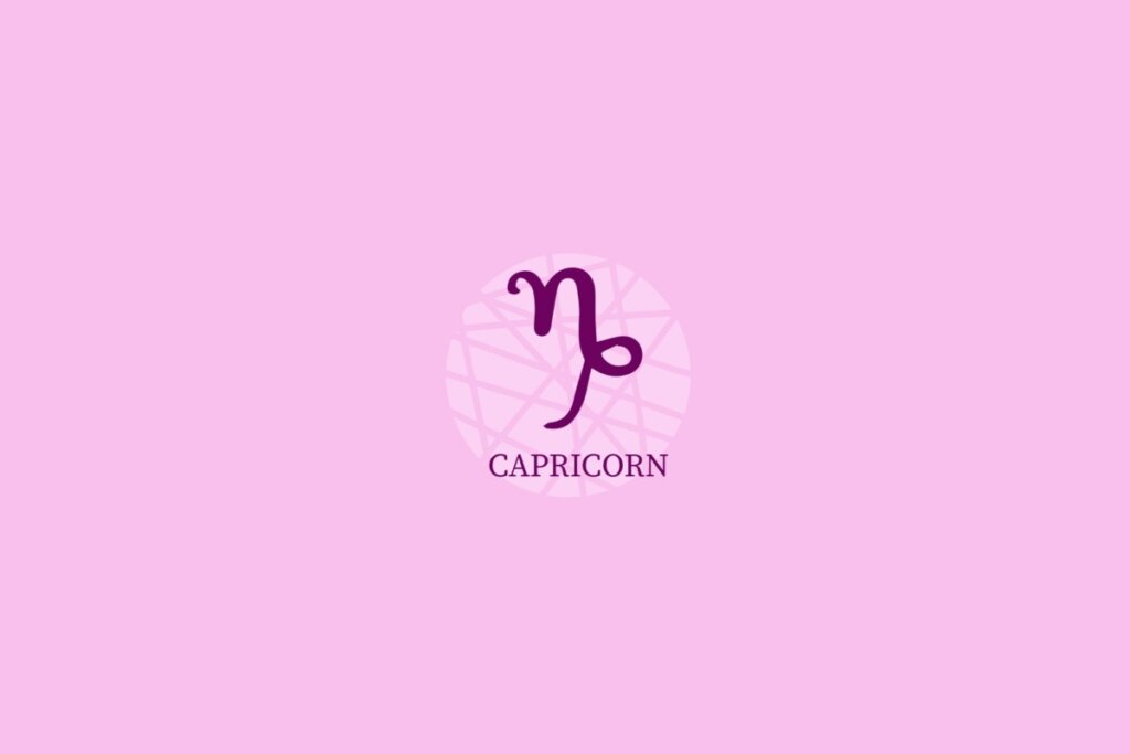 Ilustração de círculo lilás-claro com desenho e nome do signo de capricórnio sobre fundo lilás
