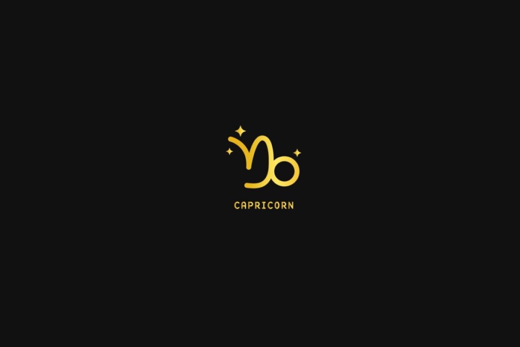 Ilustração do signo de capricórnio em dourado, sobre um fundo preto, com estrelas ao redor