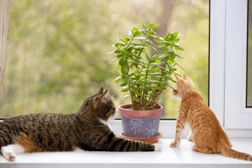 Gato grande ao lado de um gato filhote em frente a uma janela 