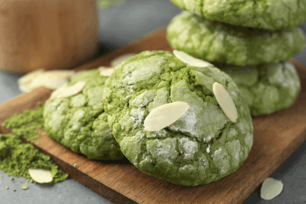 Cookie de matcha com lascas de amêndoas servidos em tábua de madeira em cima de bancada de pedra