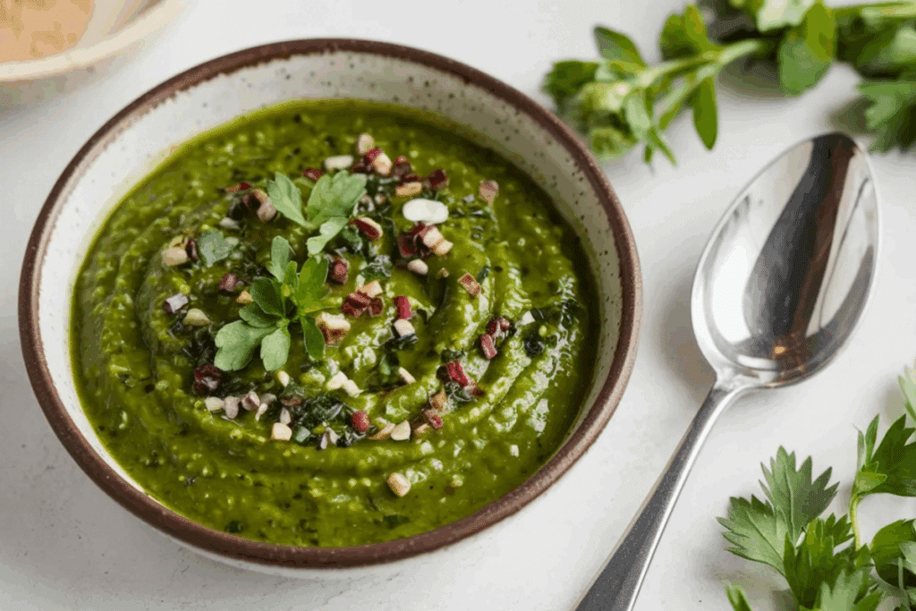 A imagem mostra uma tigela de cerâmica contendo um creme verde de textura espessa e aveludada, que lembra uma sopa ou purê de espinafre. O prato é finalizado com folhas frescas de salsa e uma mistura de sementes e pequenos pedaços crocantes espalhados sobre a superfície