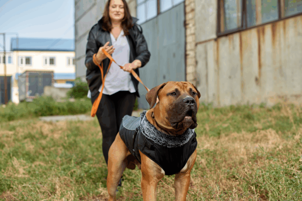 Mulher passeando com um cachorro da raça boerboel na grama