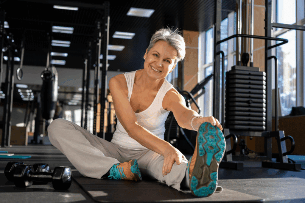 Mulher alongando o corpo em uma academia e sorrindo 