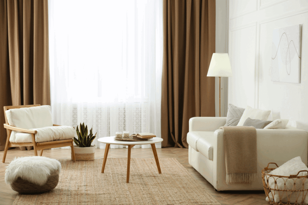 Sala de estar com decoração em tons neutros, sofá branco com manta, poltrona de madeira, tapete, cortinas, mesa de centro, planta e iluminação suave
