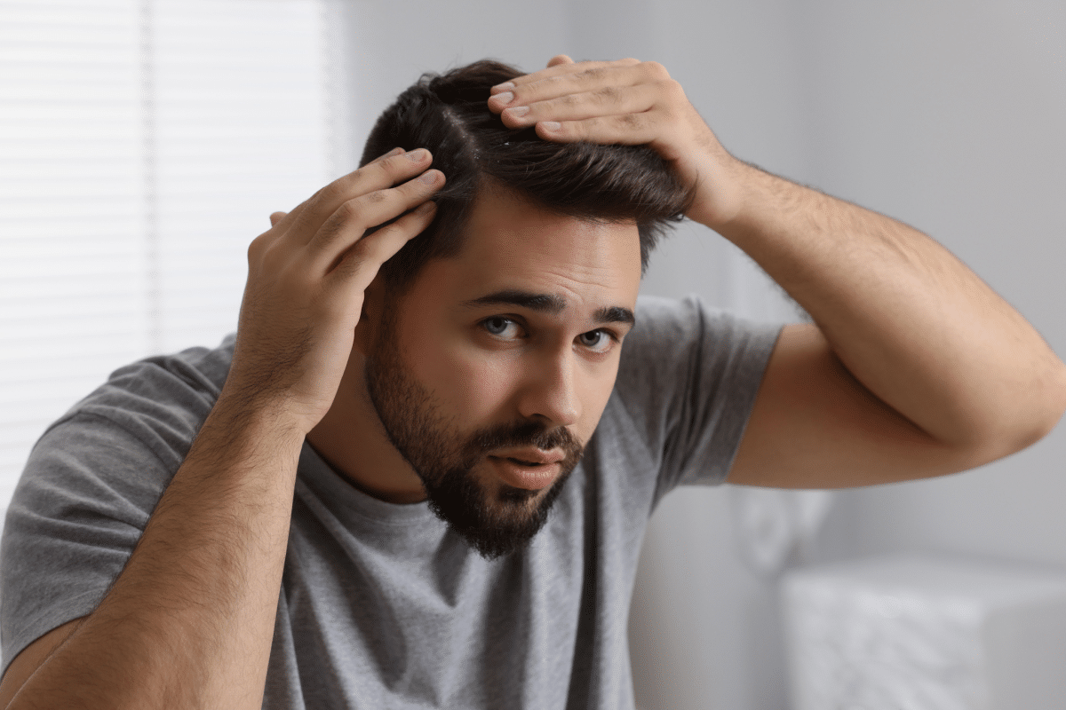 Homem, com expressão séria no rosto, olhando o couro cabeludo em um espelho