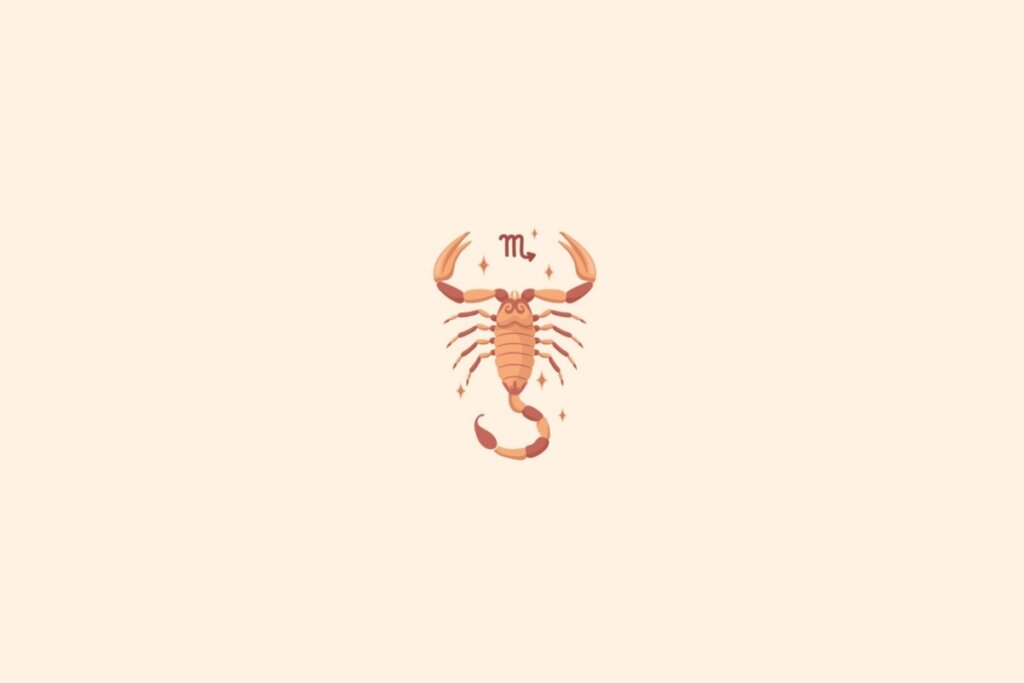 Ilustração do signo de escorpião com estrelas em um fundo bege