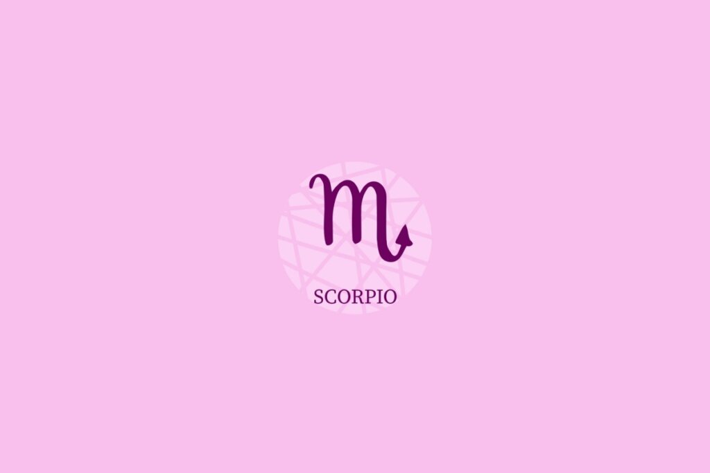 Ilustração de círculo lilás-claro com desenho e nome do signo de escorpião sobre fundo lilás
