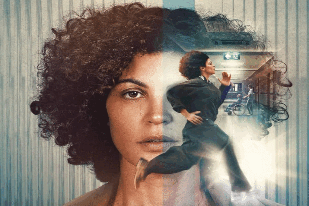 Imagem de uma mulher correndo usando conjunto de moletom cinza com imagem de corredor de hospital ao fundo e a imagem do rosto de uma mulher com o cabelo curto cacheado chorando ao fundo.