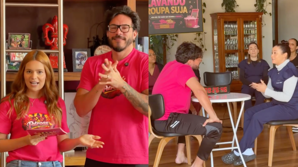Viih Tube e Eliezer usando camisetas rosa