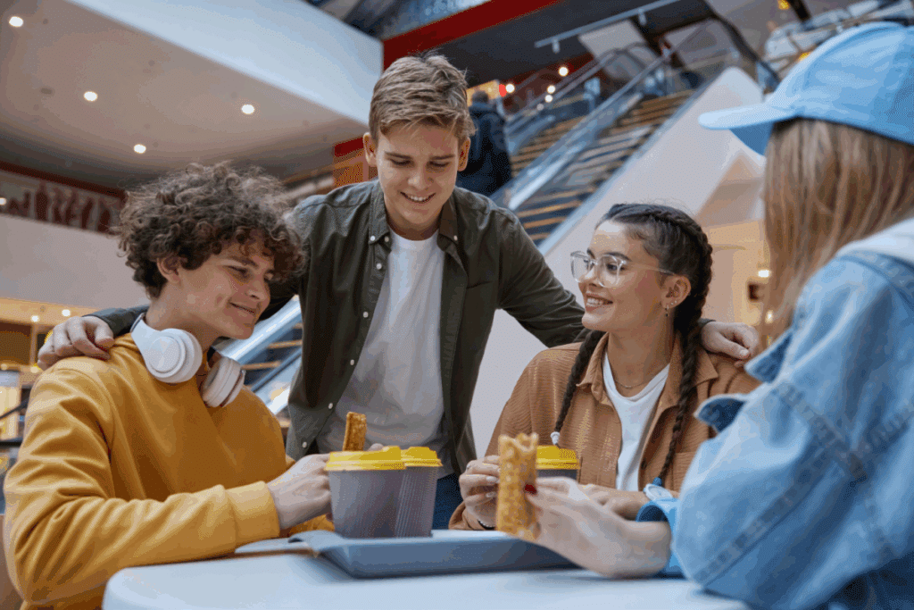 Grupo de amigos conversando em praça de alimentação no shopping 