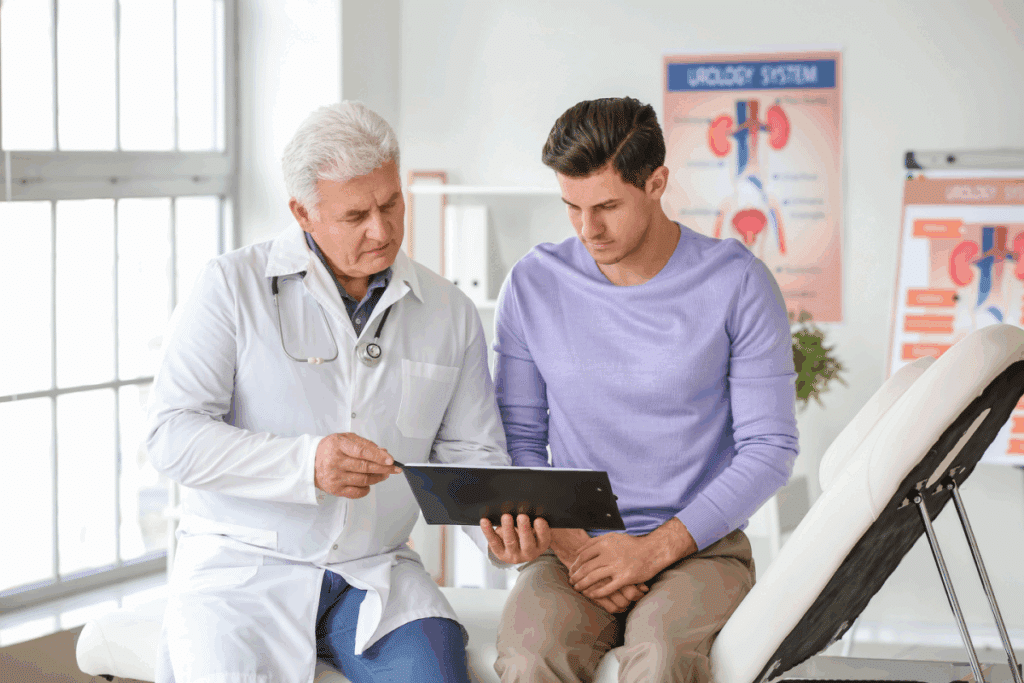Homem com cabelo curto, usando camisa longa roxa, calça bege ao lado de médico mostrando exames em tablet, o médico tem o cabelo curto, branco e está usando jaleco branco e calça jeans com estetoscópio no pescoço