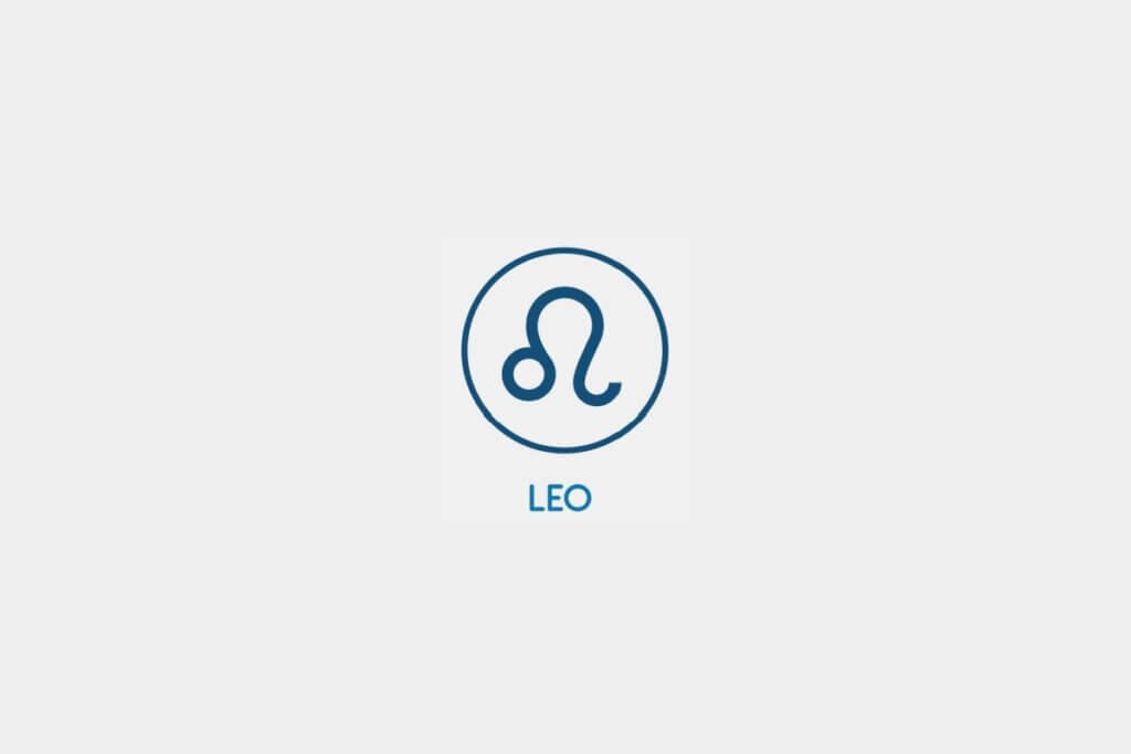 Círculo azul com o símbolo do signo de Leão ao centro e o nome do signo abaixo, sobre um fundo cinza-claro