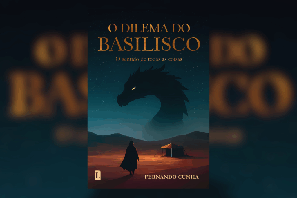 Capa de livro com ilustração de um homem em campo aberto com areia e uma cabana e ao fundo o céu a noite com a sombra de um dragão com o olho amarelo e o título e nome do autor em laranja