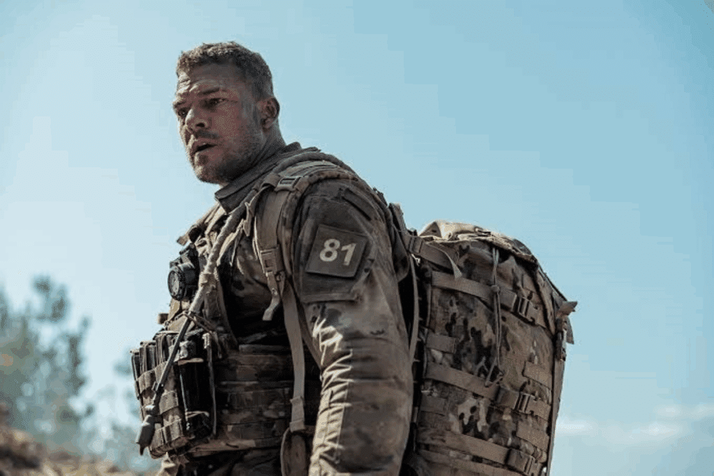 A imagem mostra um soldado equipado com uniforme camuflado, colete tático e uma grande mochila militar, em um ambiente externo sob céu aberto. O personagem aparece em posição de alerta, olhando para o horizonte com expressão séria