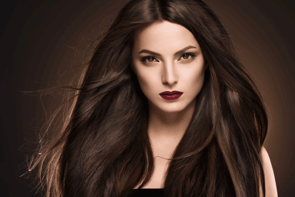 A imagem apresenta o retrato de uma mulher com cabelos longos, lisos e castanho-escuros, soltos e com aspecto brilhante, ocupando grande parte da composição. A maquiagem destaca os olhos com tons neutros esfumados e os lábios com batom marrom-escuro