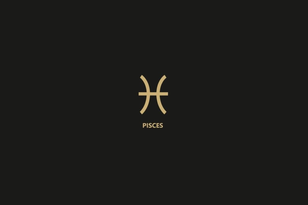 Ilustração do signo de Peixes sobre um fundo preto, com o nome do signo logo abaixo.