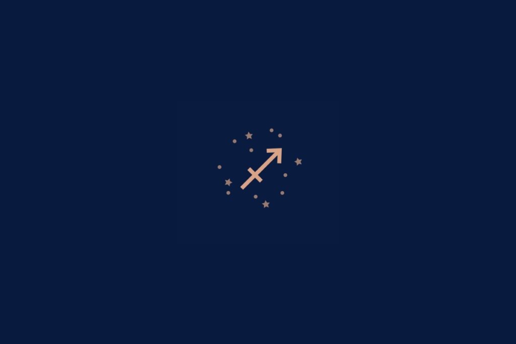 Ilustração do signo de sagitário rodeado por estrelas em um fundo azul-escuro