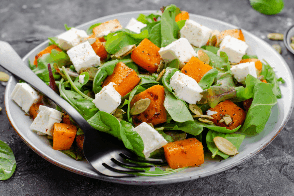 Prato branco com salada morna de abóbora com rúcula e queijo feta
