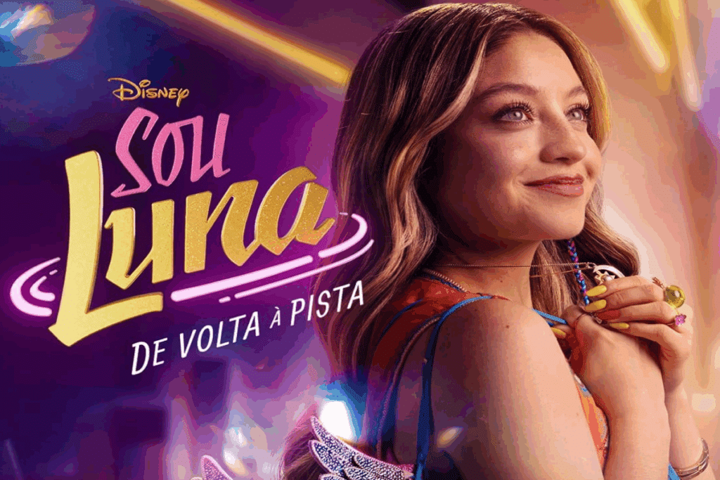 Imagem de menina com cabelo loiro, e nome da série escrito em tons de amarelo, roxo e rosa ao lado com fundo roxo
