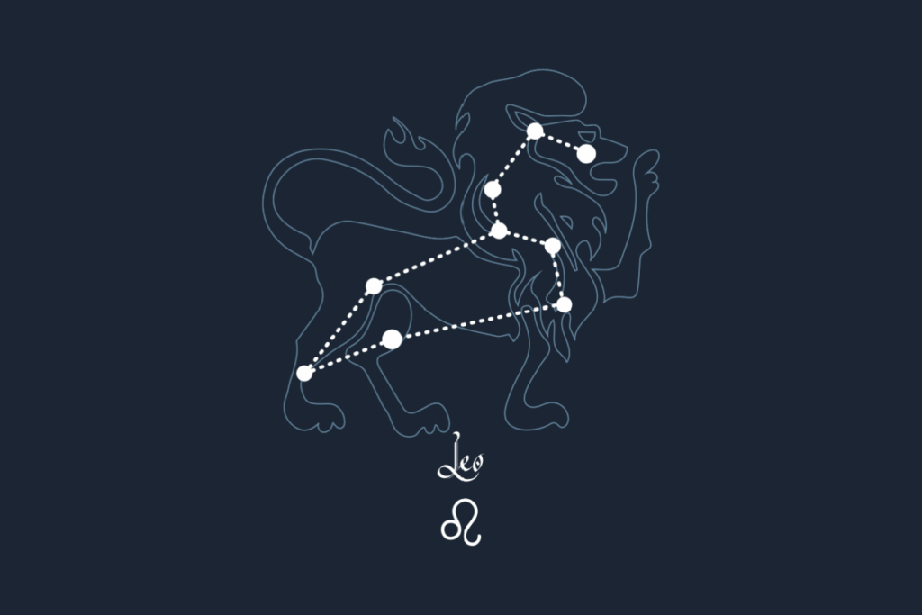 Ilustração da constelação do signo de leão sobre um leão, nome do signo abaixo, em fundo cinza-escuro 