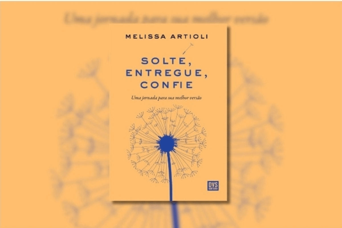 Capa do livro " Solte, entregue, confie", com a ilustração de um dente-de-leão azul em fundo laranja