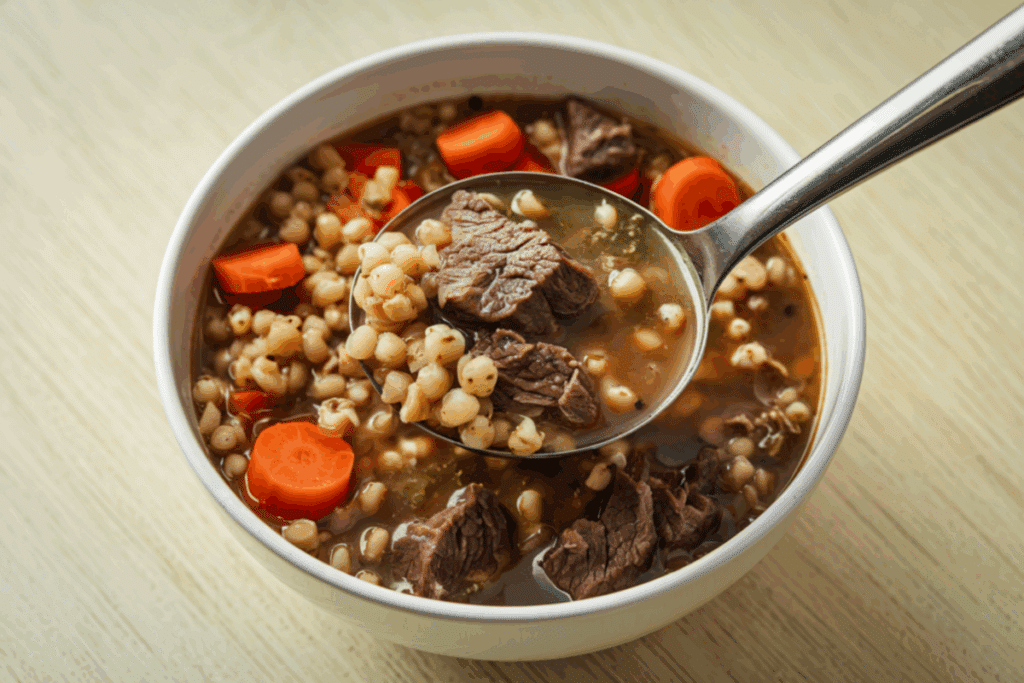 A imagem mostra uma tigela de sopa de carne com cevadinha, servida em um recipiente branco sobre uma mesa de madeira clara. O caldo tem coloração marrom-clara e reúne cubos generosos de carne bovina, grãos de cevadinha e rodelas de cenoura