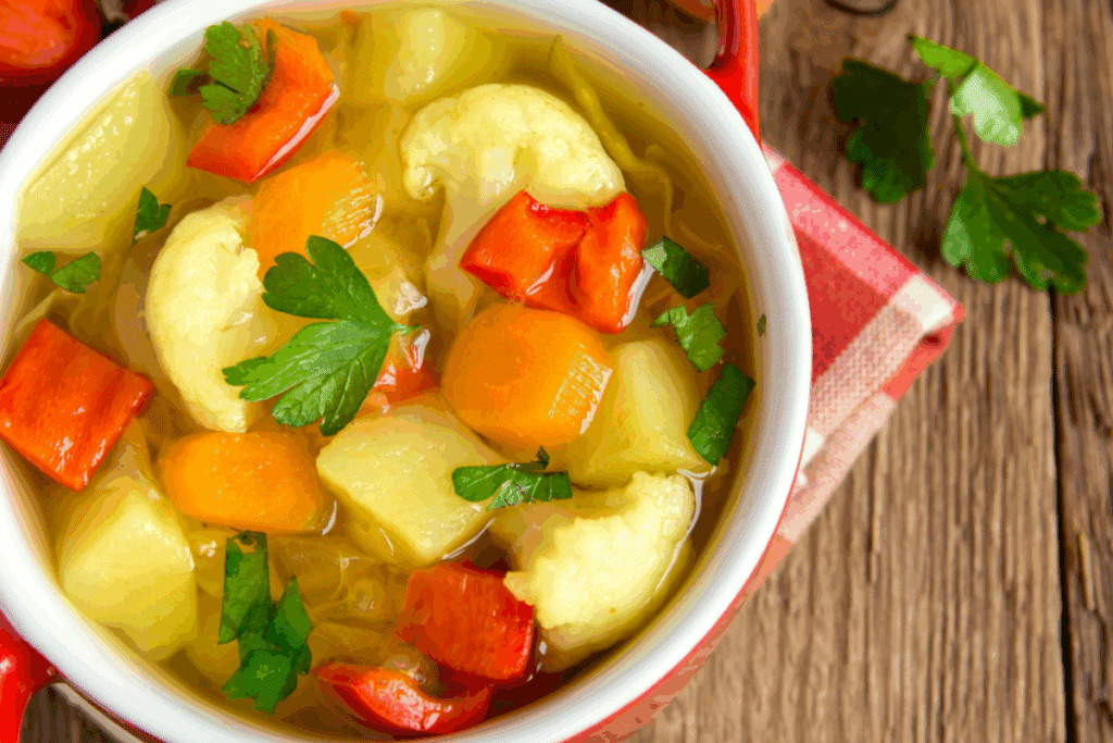 Sopa antioxidante, com cenoura, batata, pimentão, tomate e folhas verdes picadas em cima servida em cima de mesa de madeira