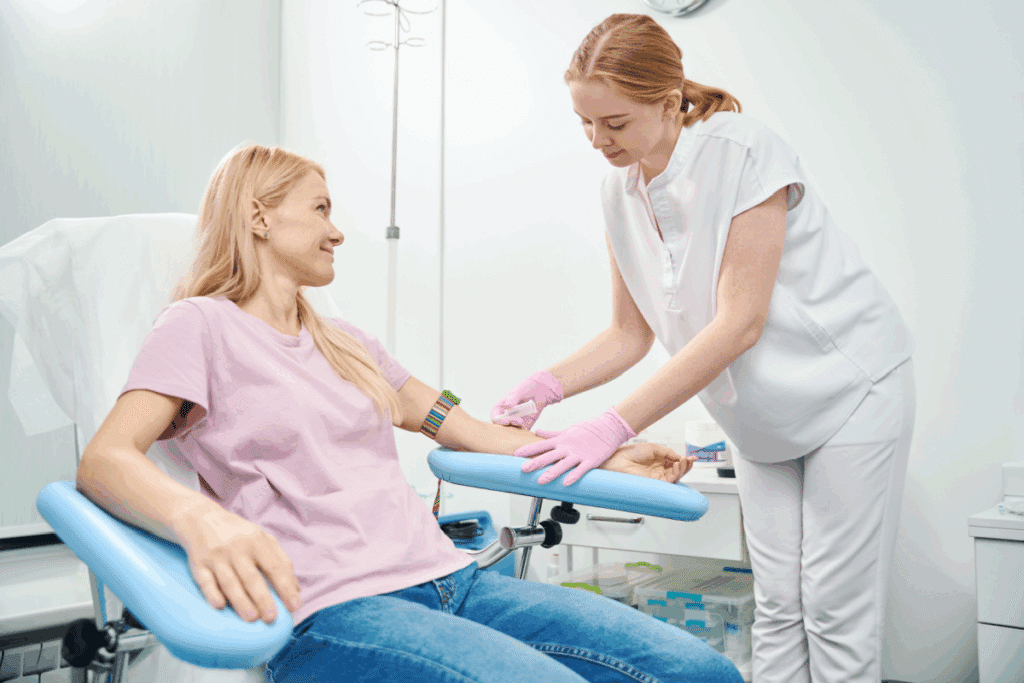 Jovem com cabelo loiro, usando camiseta rosa, calça jeans, deitada em maca para realizar exame de sangue com enfermeira com o cabelo claro amarrado em rabo de cavalo, usando uniforme branco preparando exame