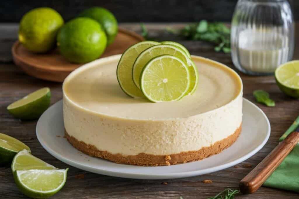 Torta de limão servida em prato raso branco em cima de mesa de madeira com limões ao redor