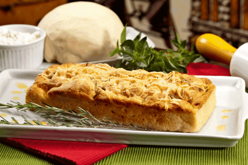 Torta de palmito com queijo servida em travessa branca em cima de mesa com toalha verde