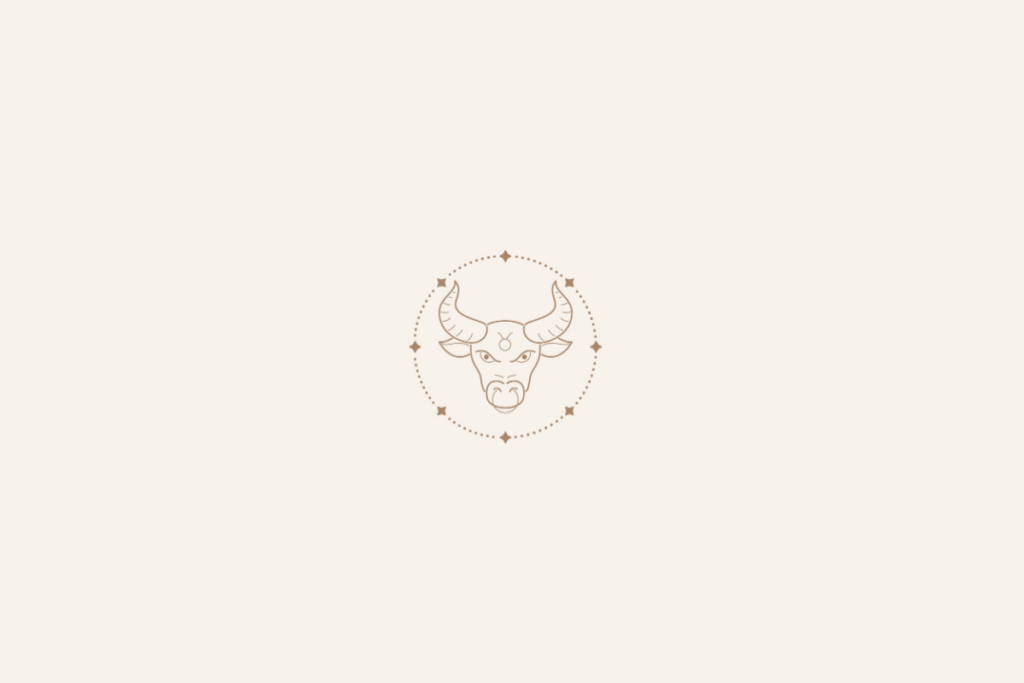 Ilustração de um touro dentro de um círculo de estrelas, centralizado sobre um fundo bege-claro, representando o signo de Touro