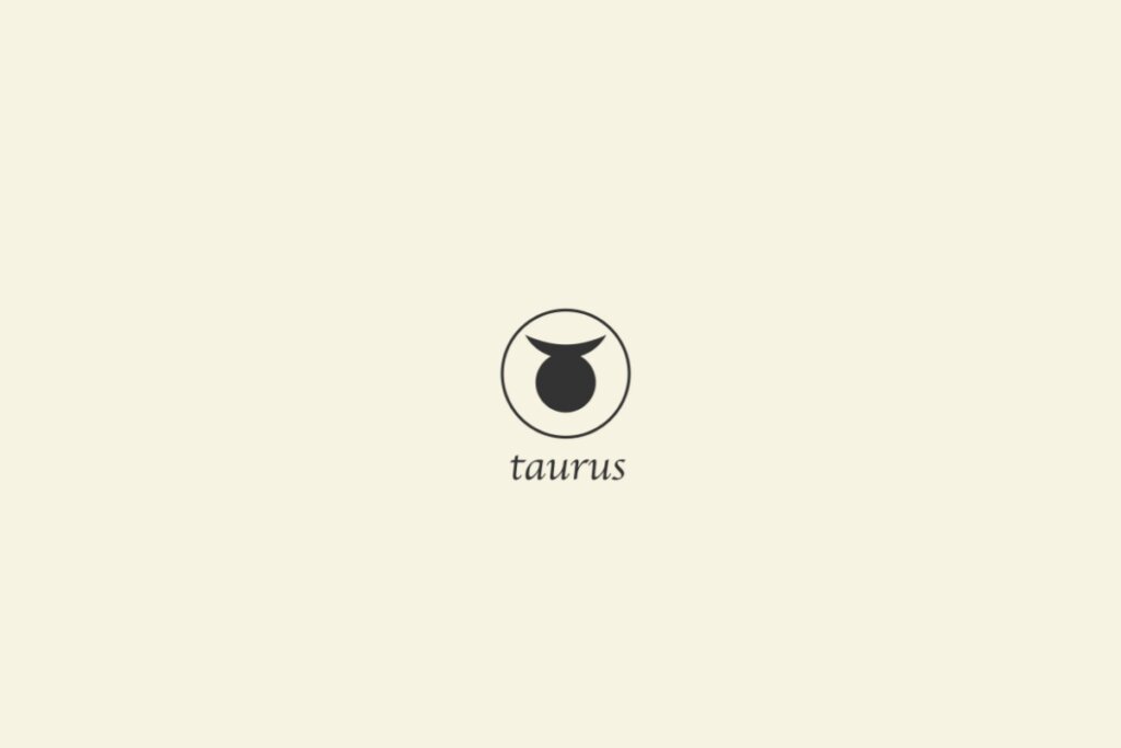 Ilustração do signo de touro na cor preta, com um círculo em volta e o nome abaixo, sobre um fundo amarelo-claro