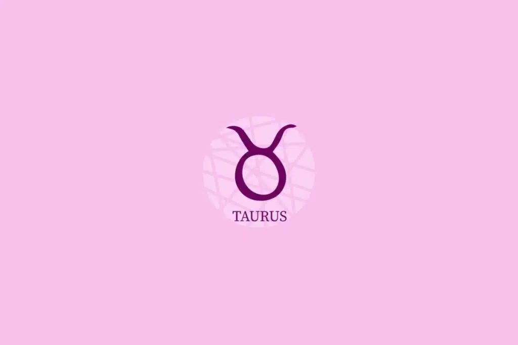 Ilustração de círculo lilás-claro com desenho e nome do signo de touro sobre fundo lilás