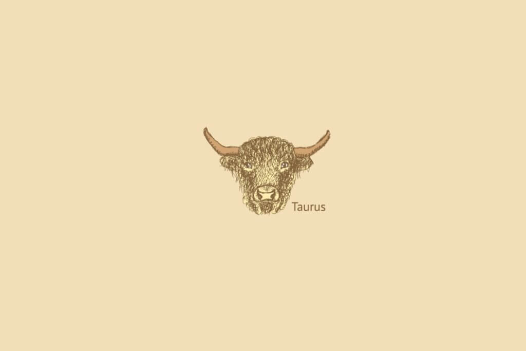 Ilustração do signo de touro centralizado, com o nome do signo embaixo, em um fundo rosa-salmão