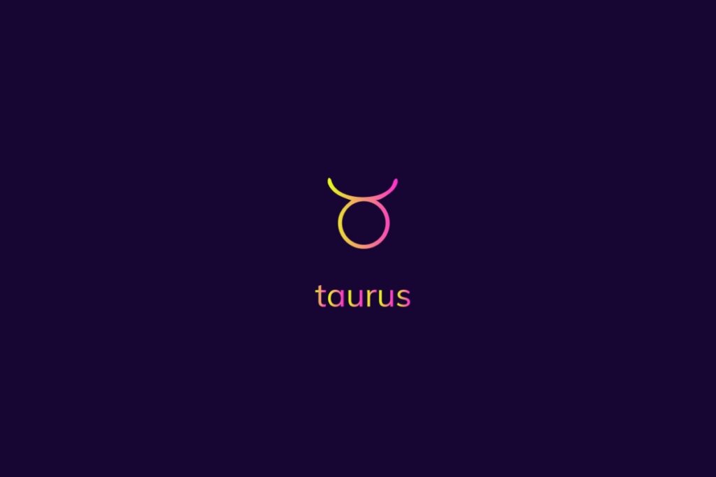 Ilustração do signo de touro na cor rosa e amarelo em um fundo azul-escuro