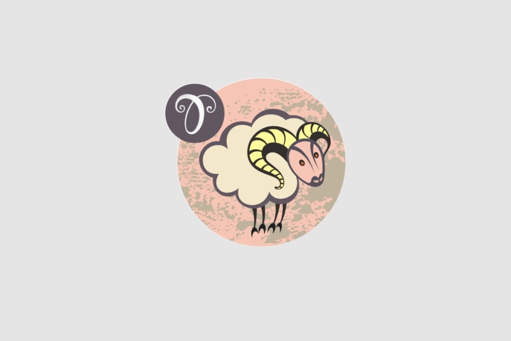 Ilustração do signo de Áries, com um carneiro de chifres amarelos enrolados, dentro de um círculo rosado. O fundo da imagem é composto pela cor cinza