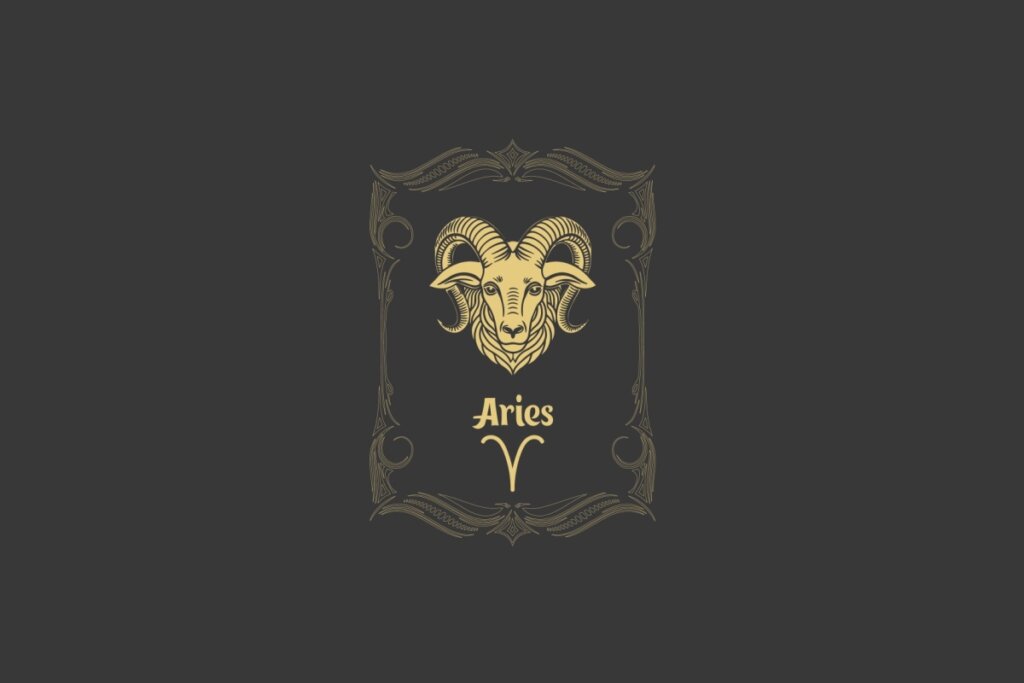 Ilustração do signo de Áries com a imagem de um carneiro dourado em um fundo escuro, emoldurado por ornamentos clássicos