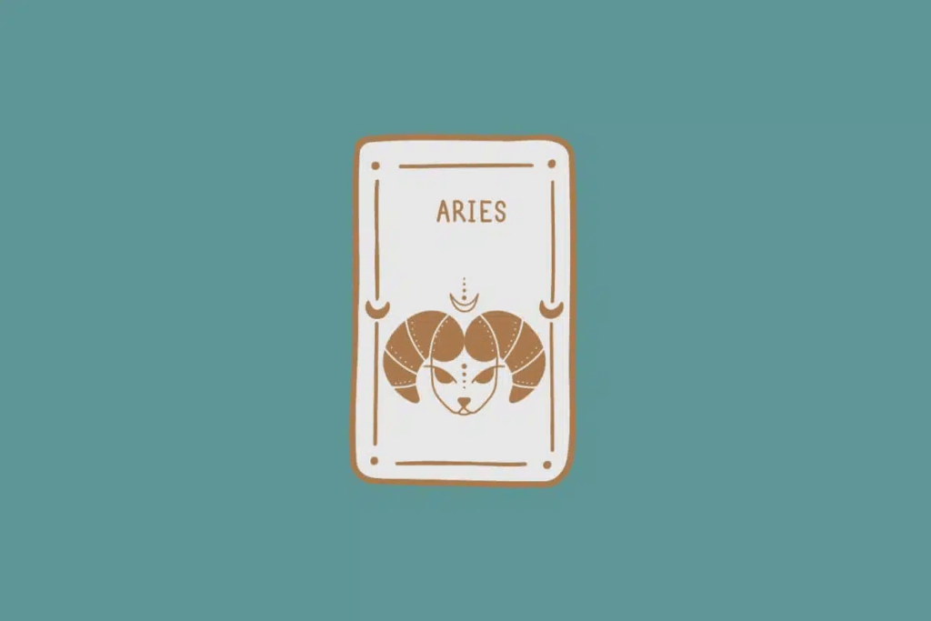 Ilustração do signo de Áries, em fundo verde-azulado, contendo a cabeça de um carneiro com chifres curvos voltados para fora 