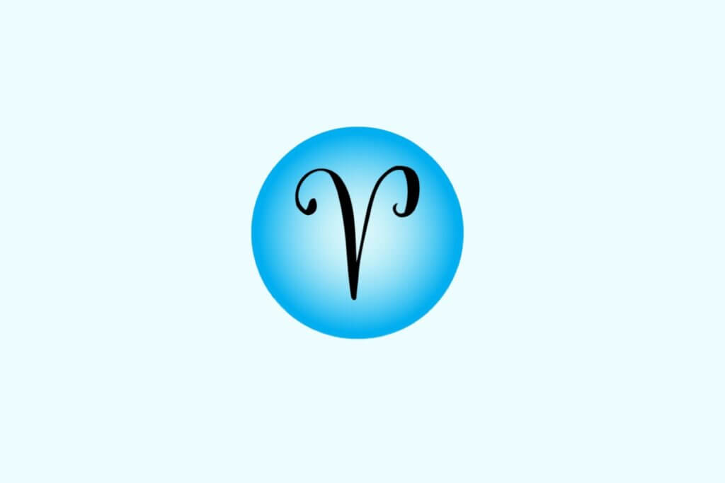 Ilustração do signo de Áries contendo o símbolo em formato de “V” curvado, semelhante a chifres de carneiro, em fundo azul-claro