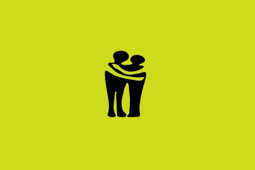 Ilustração do signo de Gêmeos com duas figuras humanas abraçadas em um fundo amarelo-mostarda