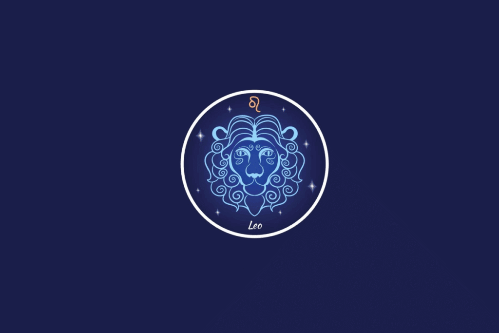 Ilustração do signo de Leão, contendo a cabeça de um leão de juba volumosa e o símbolo do signo em laranja, dentro de um círculo estrelado, em fundo azul-escuro