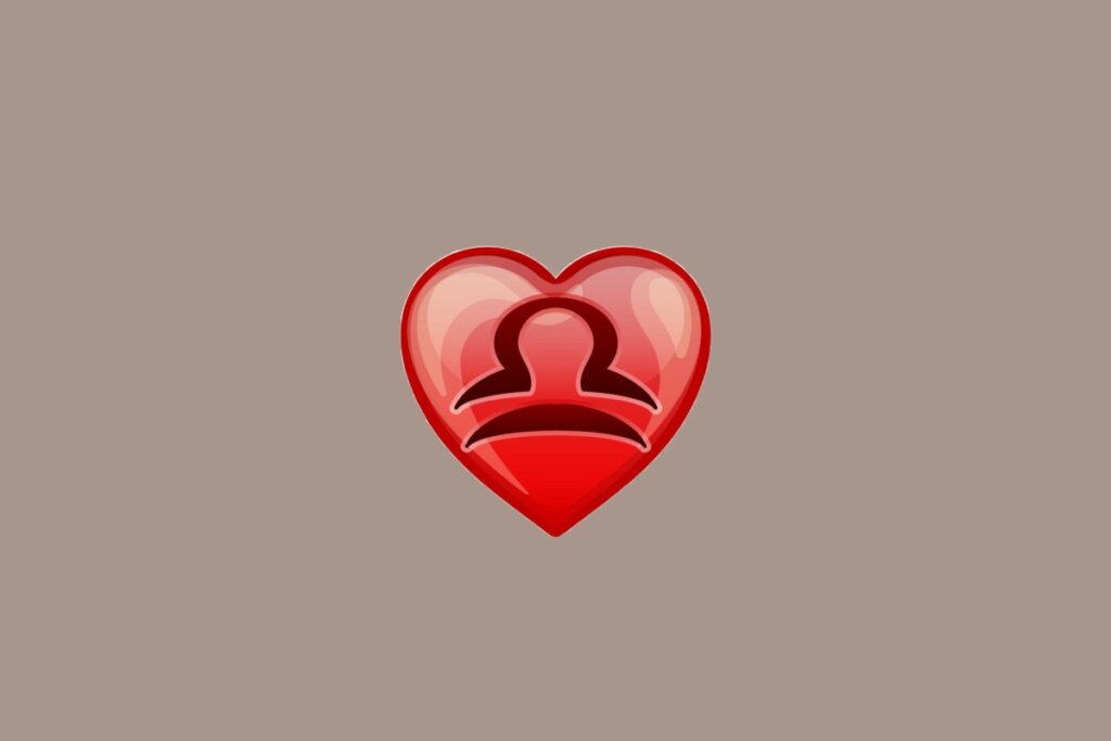 Ilustração do signo de Libra, em fundo amarronzado, com um coração vermelho ao centro contendo uma linha curva sobre uma linha reta