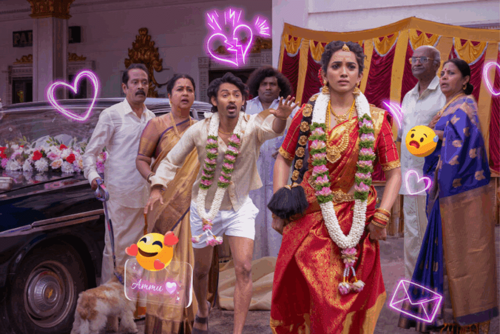 Um grupo de pessoas vestidas com trajes tradicionais indianos de casamento parece surpreso e chocado do lado de fora de um local decorado. Uma mulher em um sari vermelho corre para longe, enquanto um homem estende a mão para ela. Gráficos de corações de néon e emojis estão sobrepostos na cena.