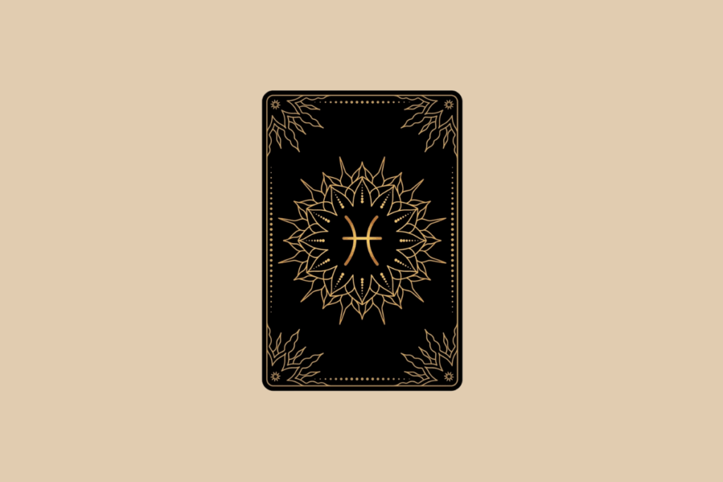 Ilustração de uma carta de tarô preta em fundo bege, com detalhes dourados em mandala e o símbolo do signo de Peixes no centro.