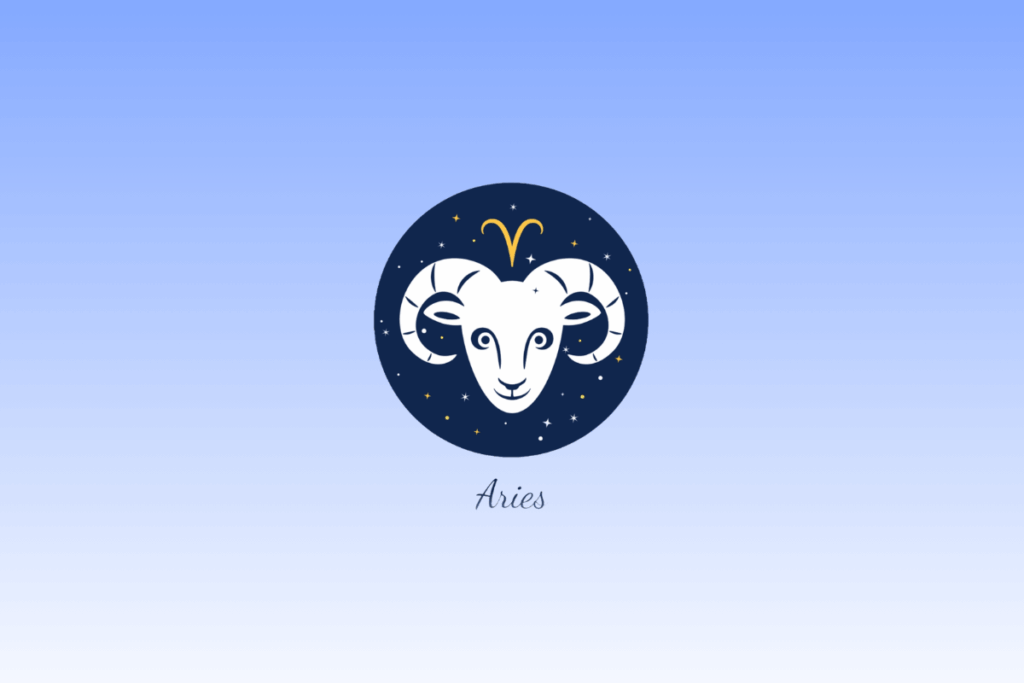 Ilustração do signo de Áries com a cabeça de um carneiro branco de grandes chifres espiralados dentro de um círculo azul-escuro estrelado, acompanhado pelo símbolo em amarelo e o nome "Aries" escrito abaixo.