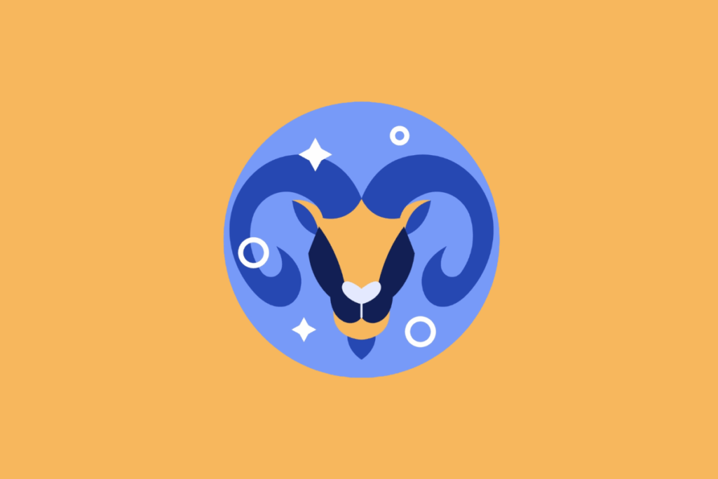 Ilustração vetorial em círculo azul representando o signo de Áries. Mostra a cabeça de um carneiro de frente, com grandes chifres curvados em tons de azul e detalhes laranjas. A imagem está centrada em um fundo laranja