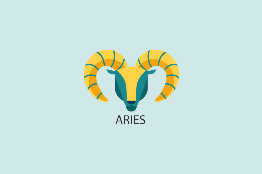 Ilustração vetorial em estilo plano da cabeça de um carneiro com grandes chifres curvos amarelos, sobre um fundo azul-claro com a palavra "ARIES" escrita abaixo.