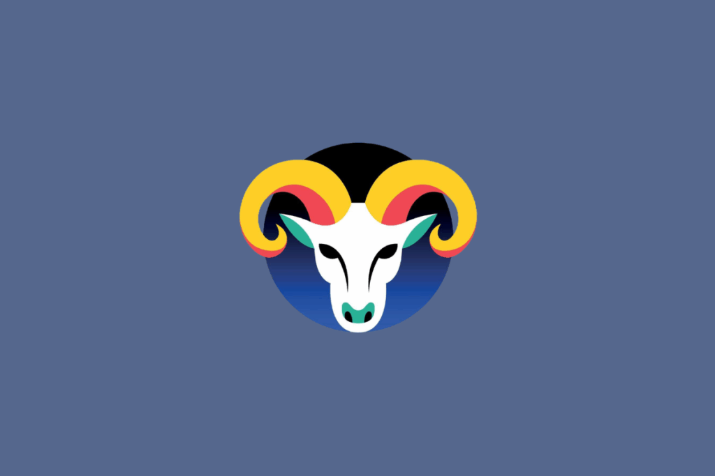Ilustração do signo de Áries, destacando a cabeça de um carneiro branco com grandes chifres curvados nas cores amarelo e vermelho, sobre um fundo circular escuro.